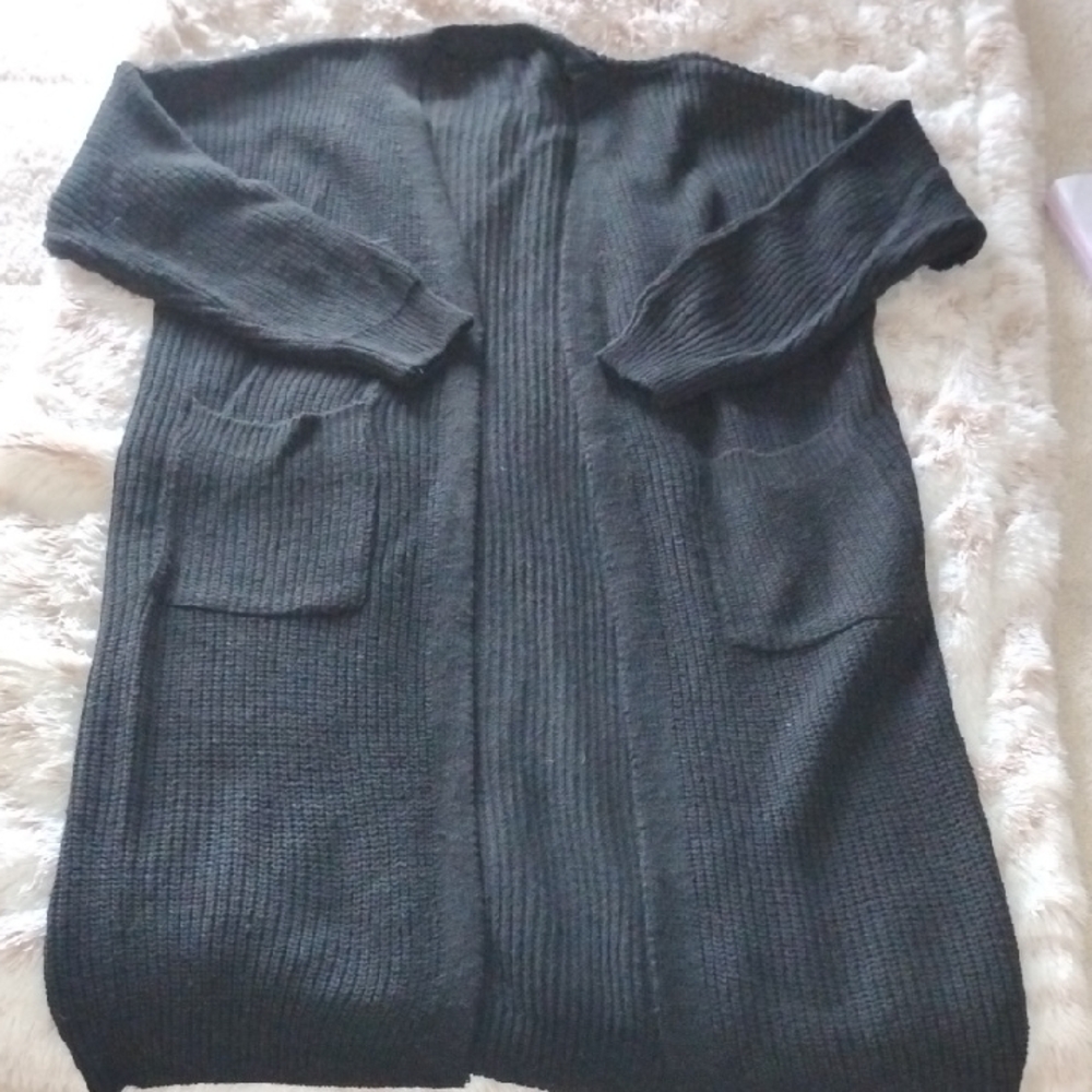 Black Ribbed Long Cardigan